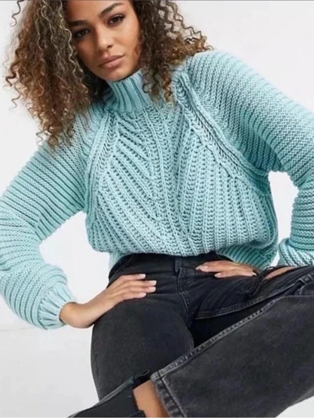 Free People Chunky Cable Knit Mock Neck Sweater - Light Teal